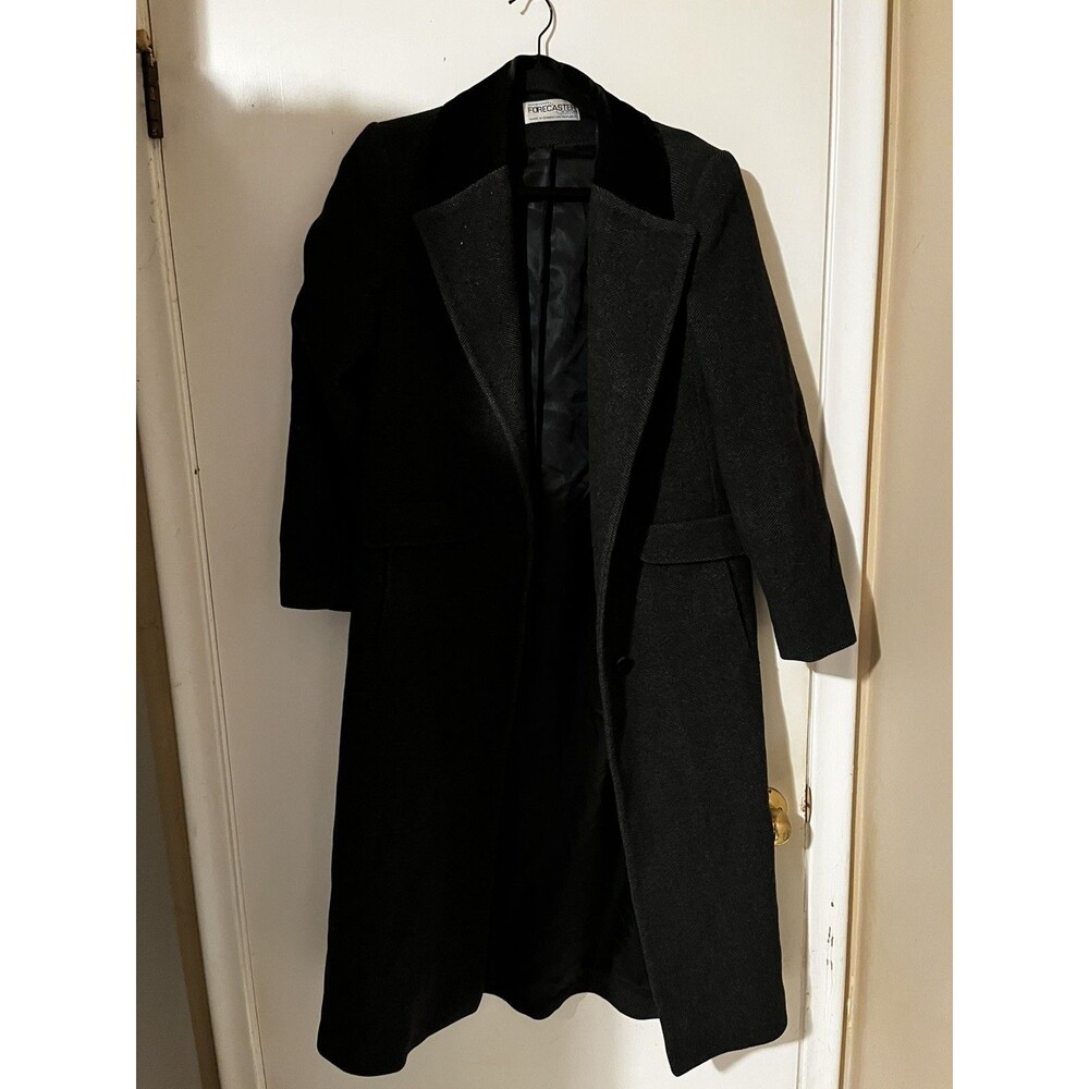 Vintage Forecaster of Boston Charcoal Herringbone Wool Long Coat w Velvet Collar